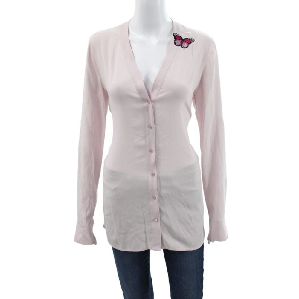 Vince Womens Pink Silk V Neck Long Sleeve Button Basic Blouse Size S